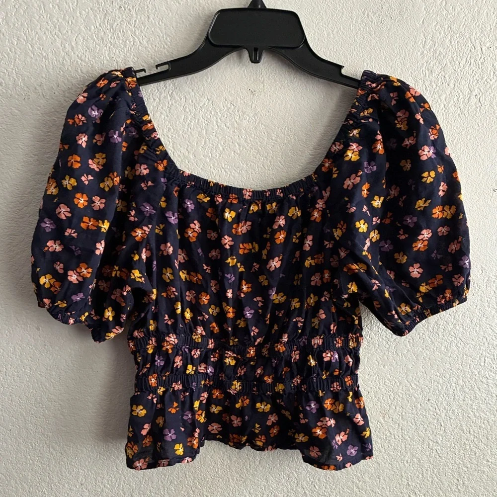 Madewell  Puff-Sleeve Square Neck Smocked-Waist in Aloha Floral Crop Top S